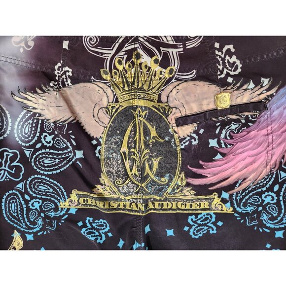Christian Audigier Blow Smoke Board Shorts Size 34 Y2K Vintage Ed Hardy Skull - Picture 11 of 14